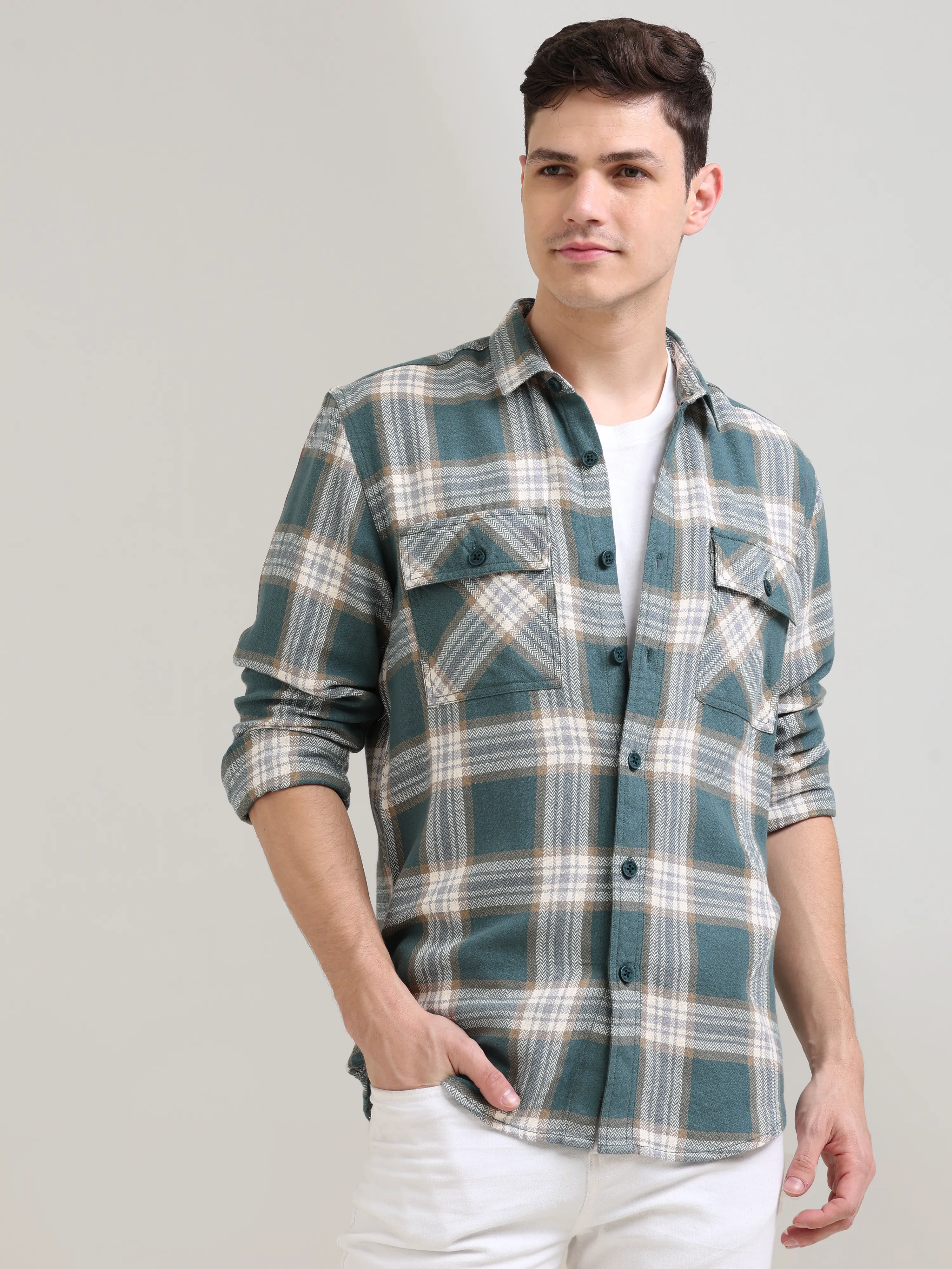 Aegean teal off-white casual check shirt