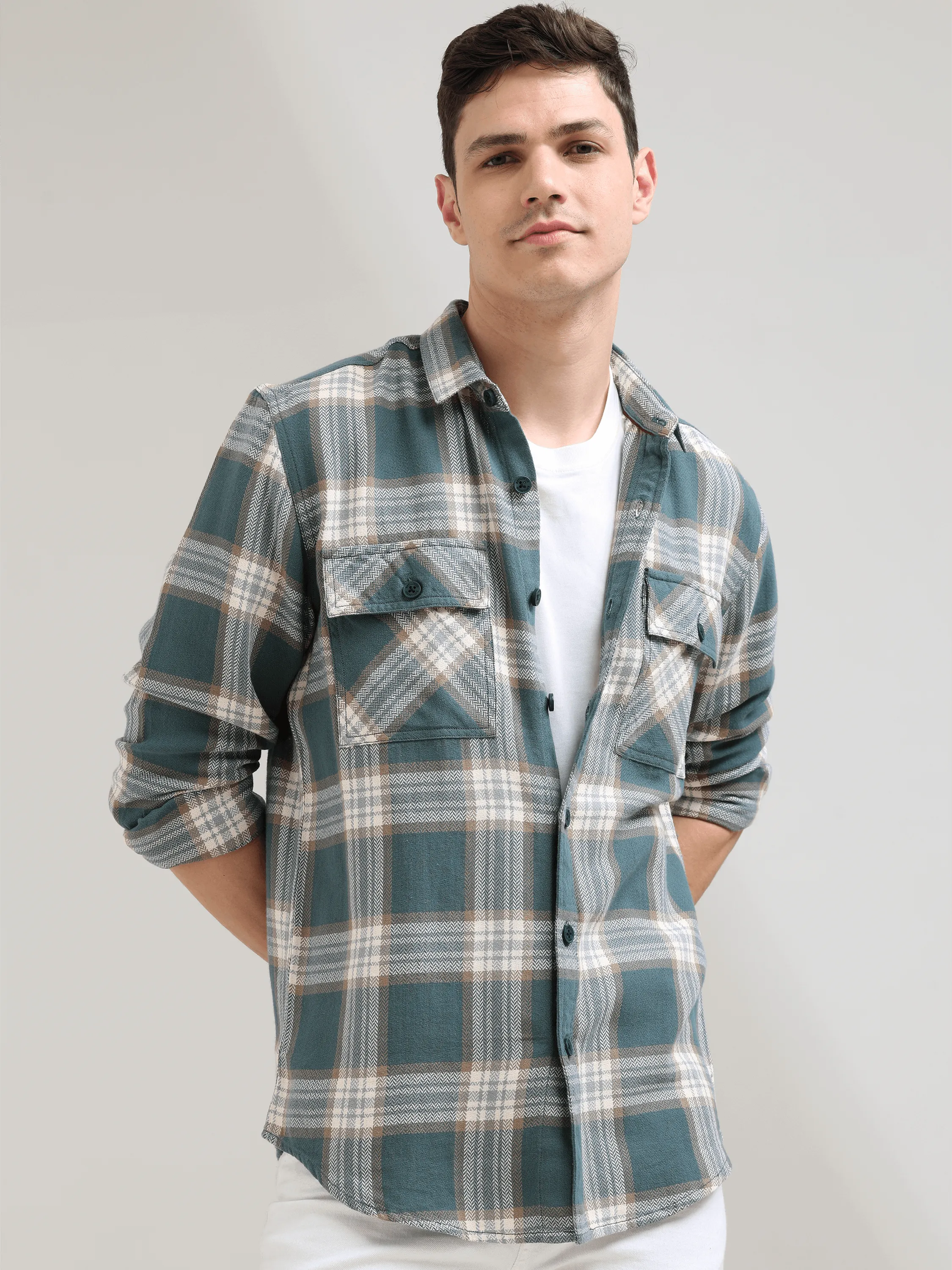 Aegean teal off-white casual check shirt