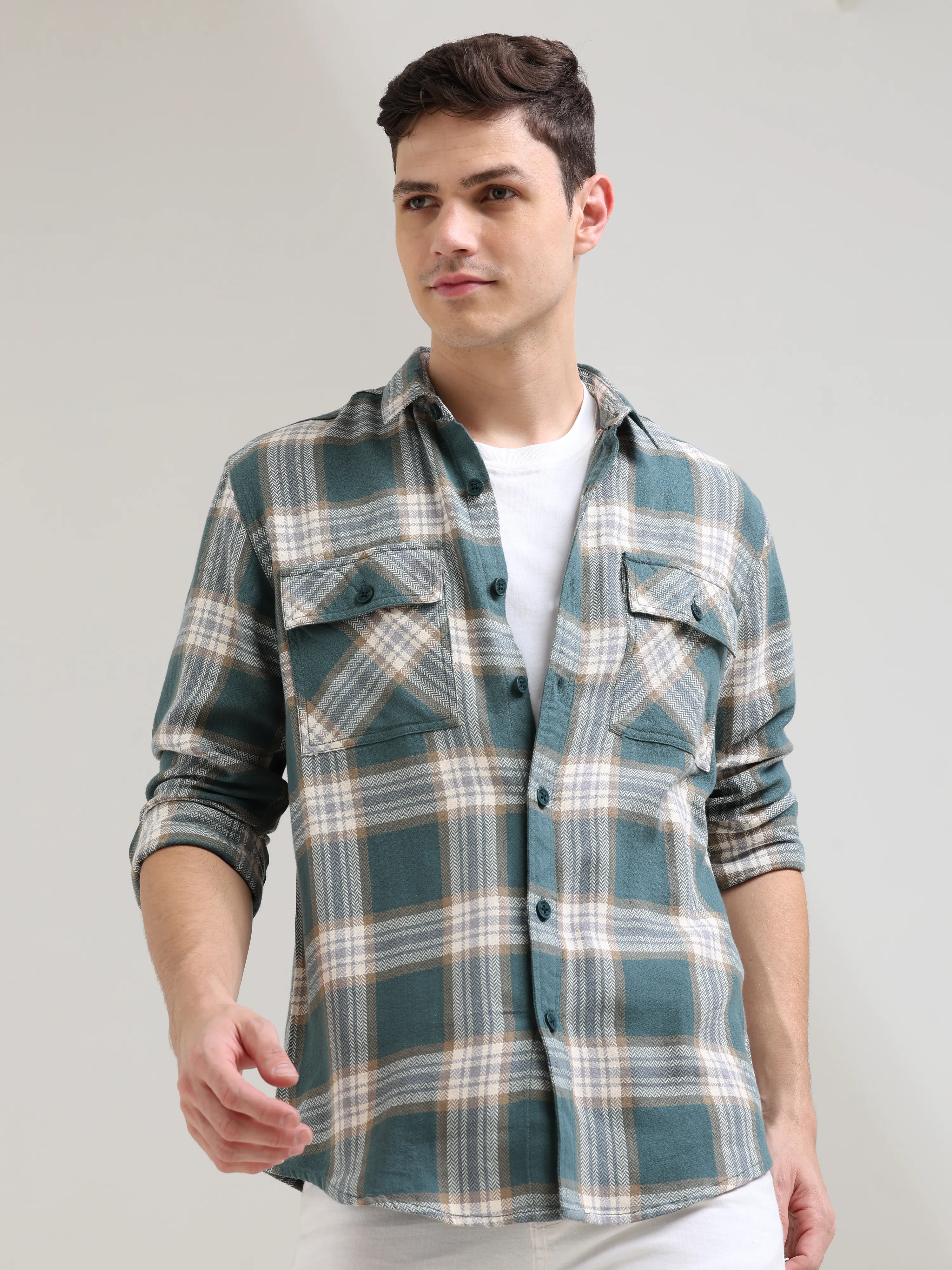 Aegean teal off-white casual check shirt