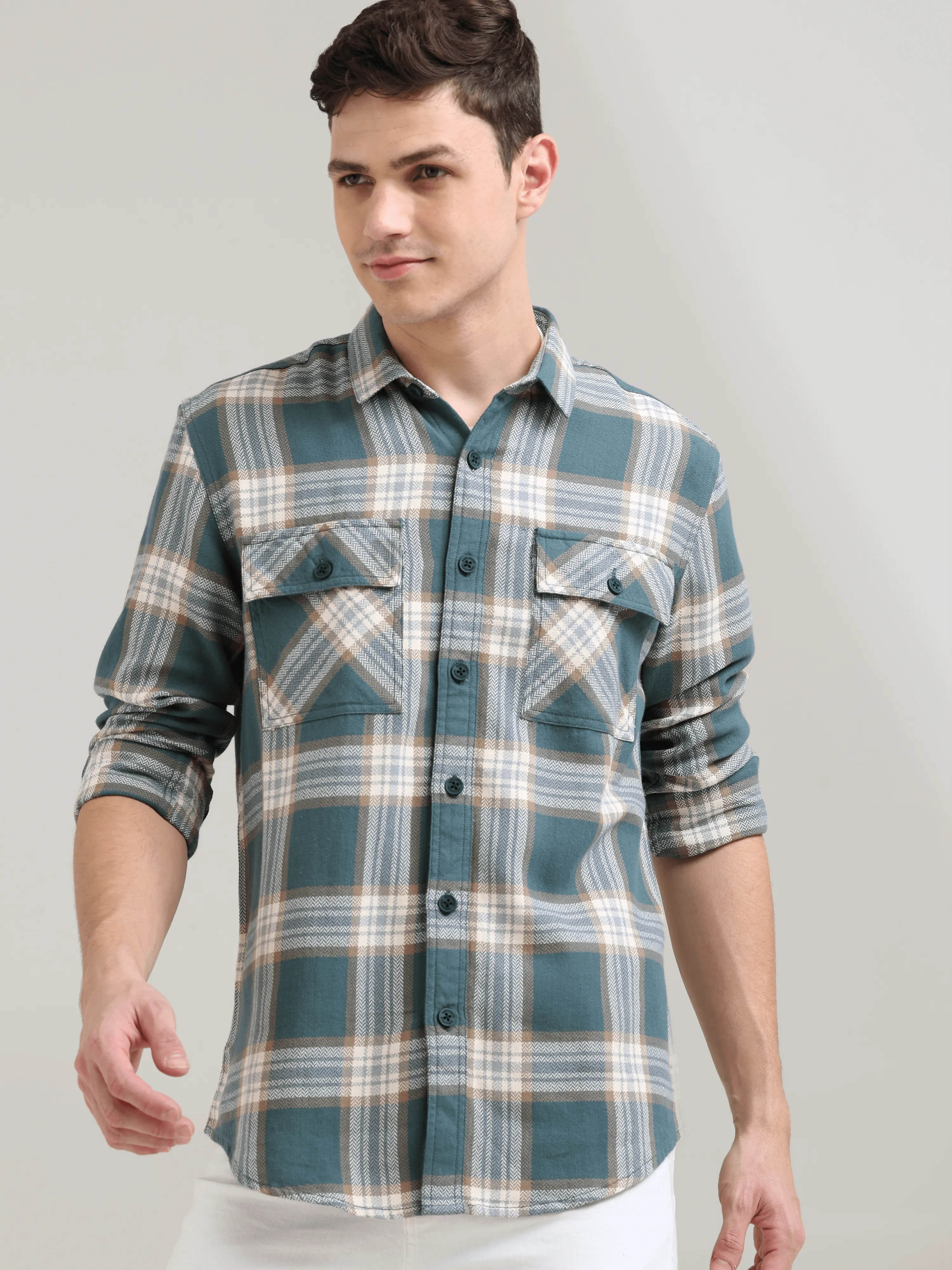 Aegean teal off-white casual check shirt