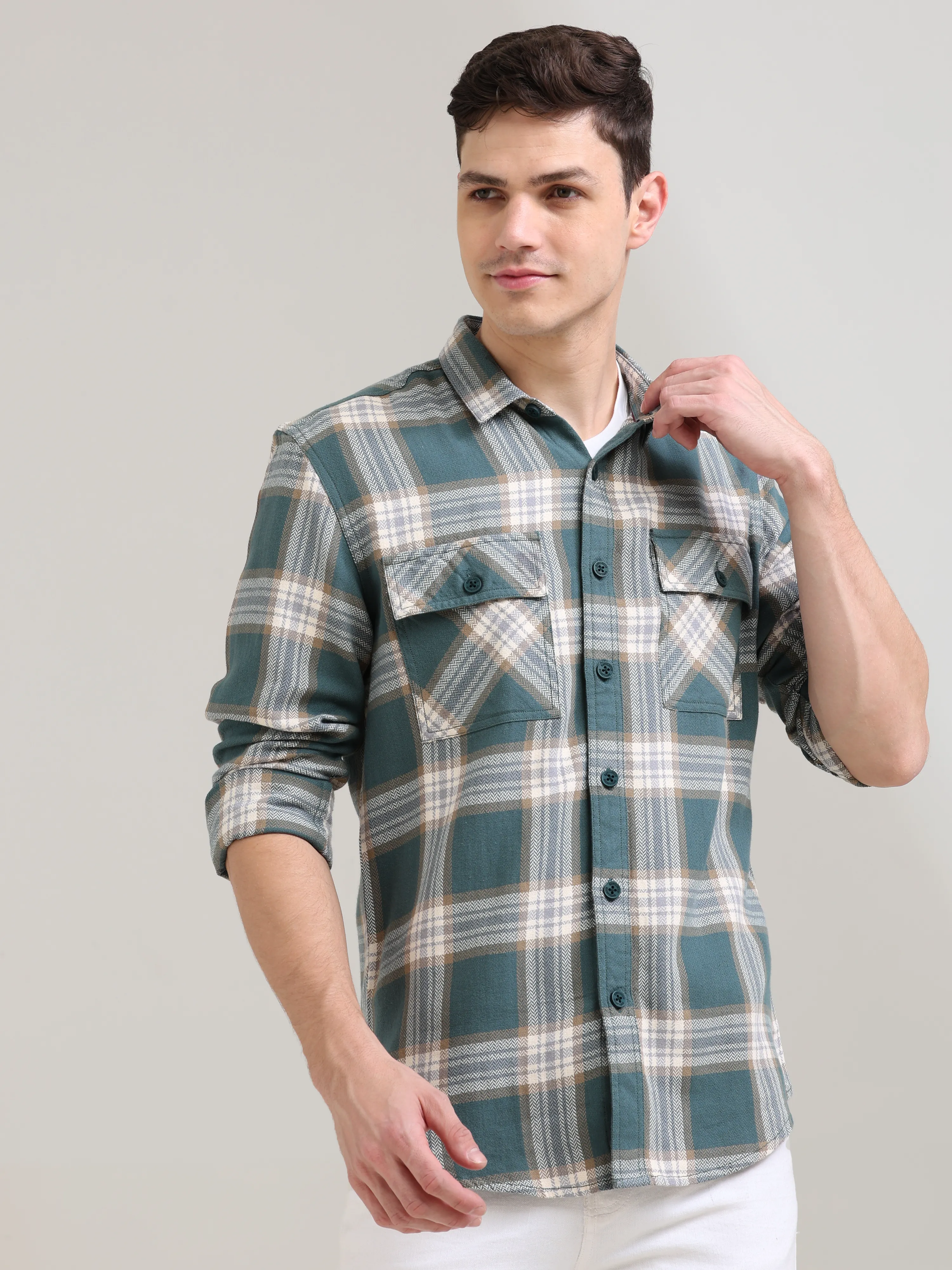 Aegean teal off-white casual check shirt