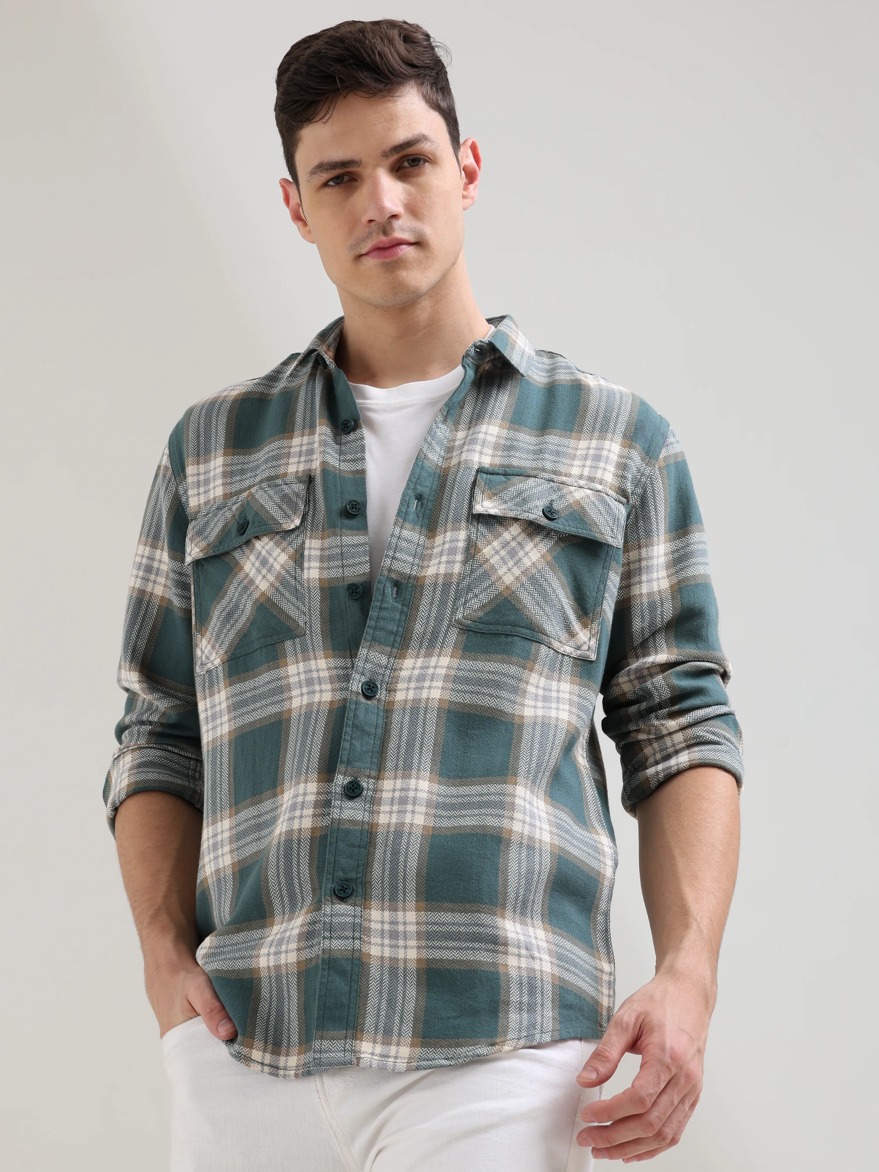 Aegean teal off-white casual check shirt