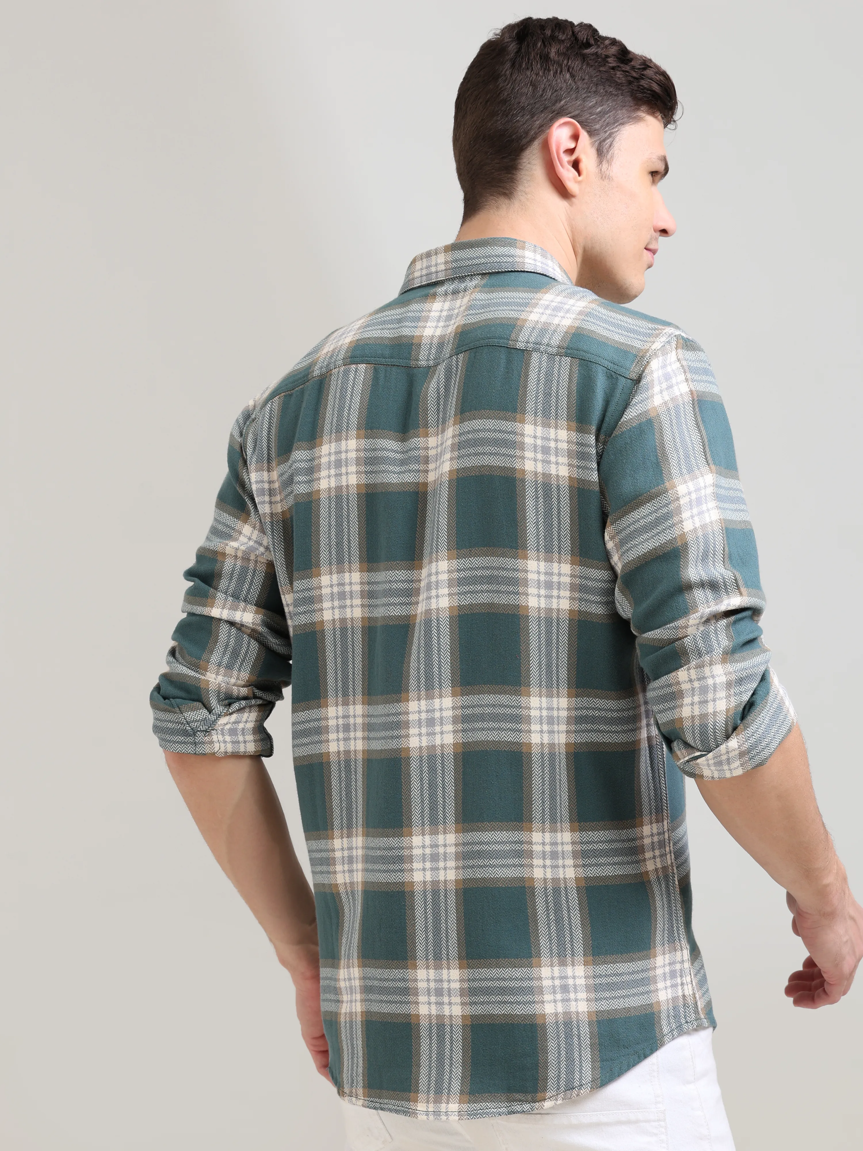 Aegean teal off-white casual check shirt