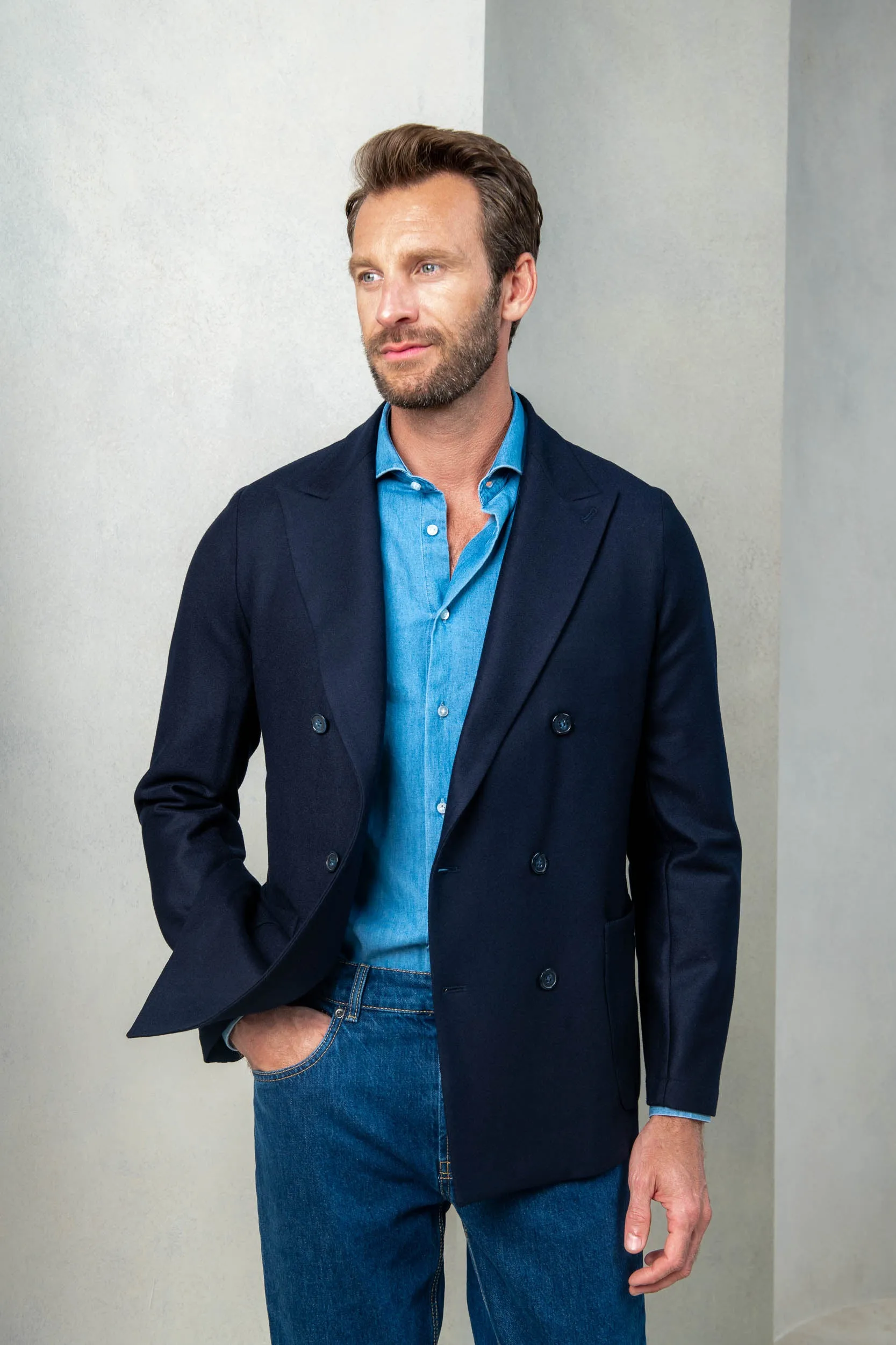 Blue double breasted jacket in Loro Piana jersey - Made in Italy