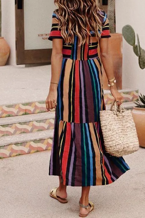 Bohemian Striped Multicolor Ankle Length Dress