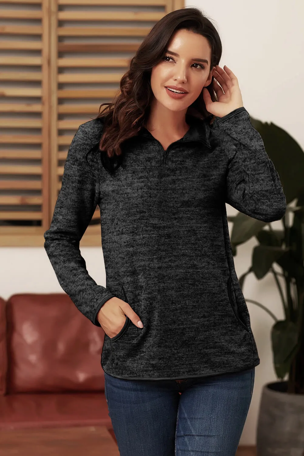 Casual Charcoal Quarter Zip Pullover Sweatshirt