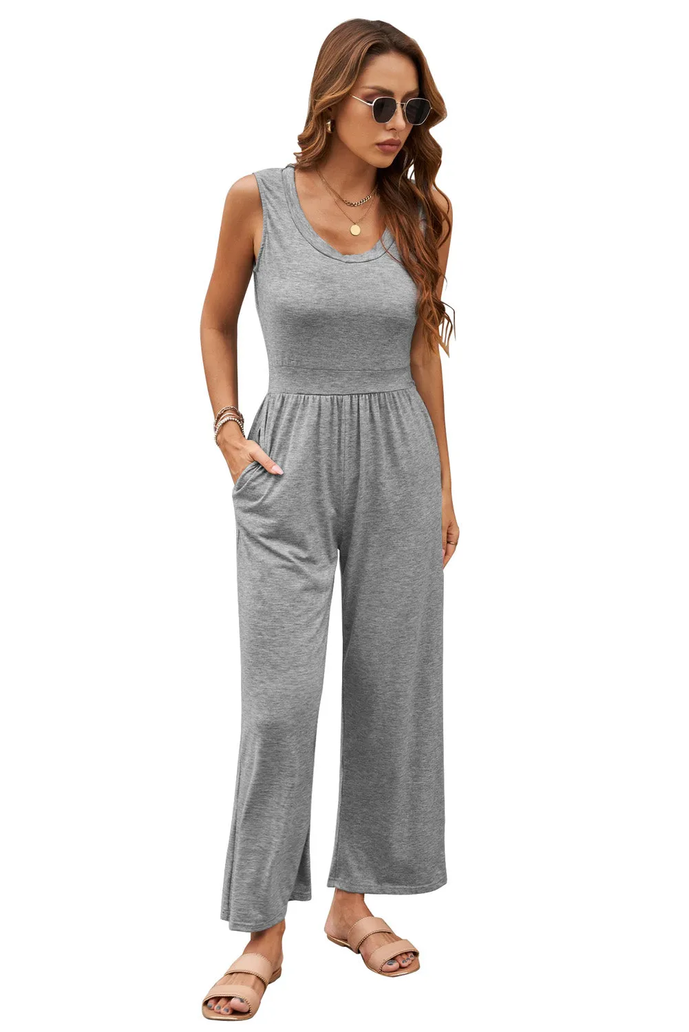 Casual Gray Sleeveless Wide Leg Jumpsuit