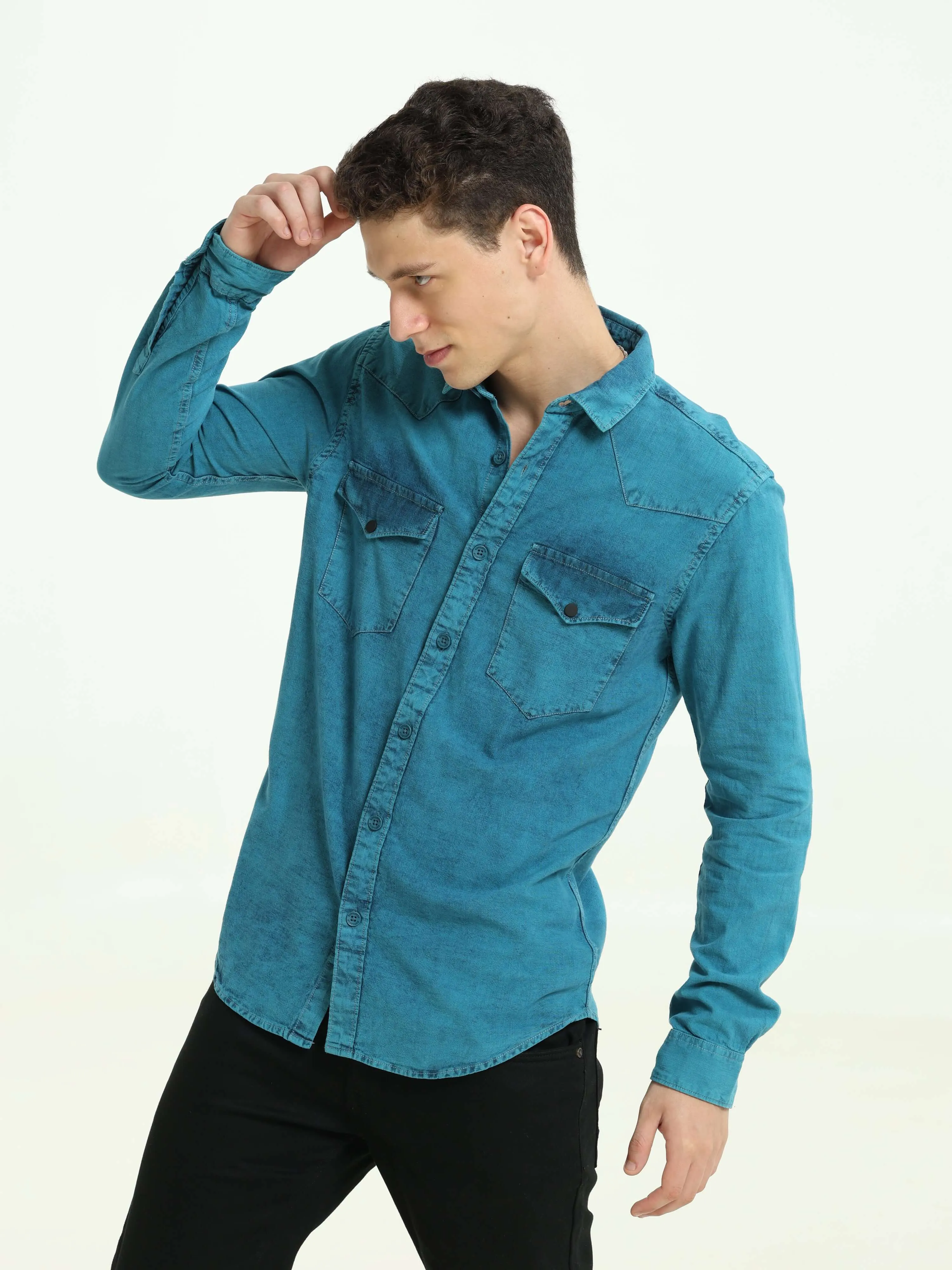 Denim Indigo-Teal over-dyed casual shirt