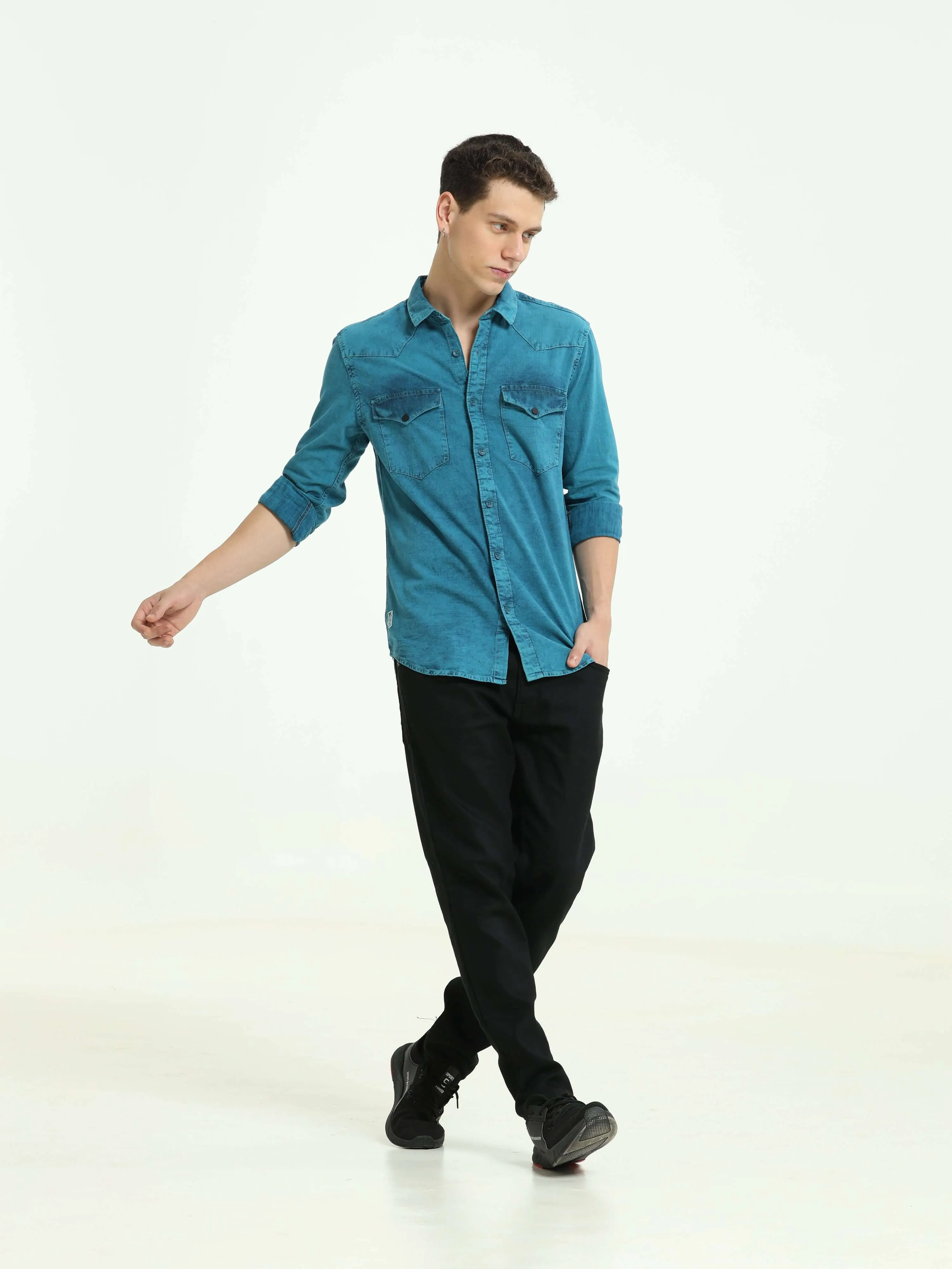 Denim Indigo-Teal over-dyed casual shirt