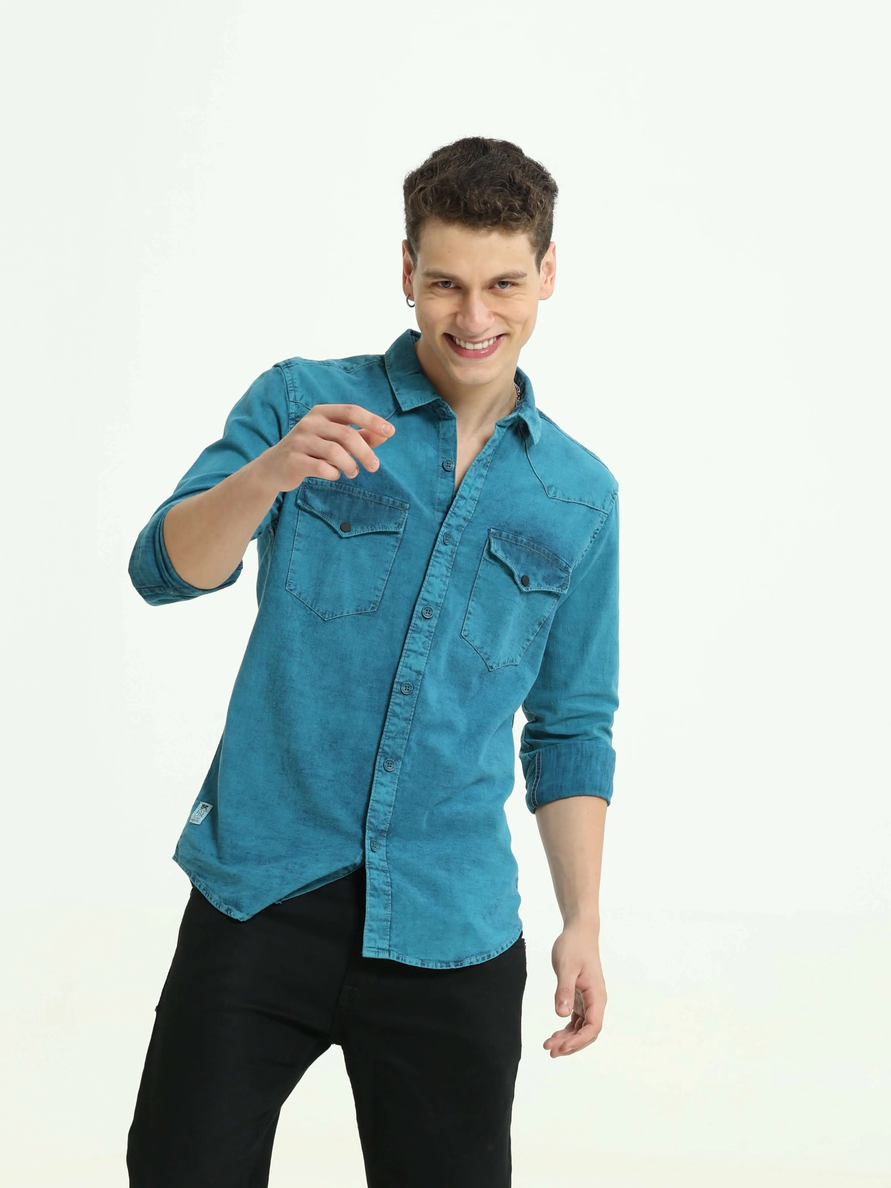 Denim Indigo-Teal over-dyed casual shirt