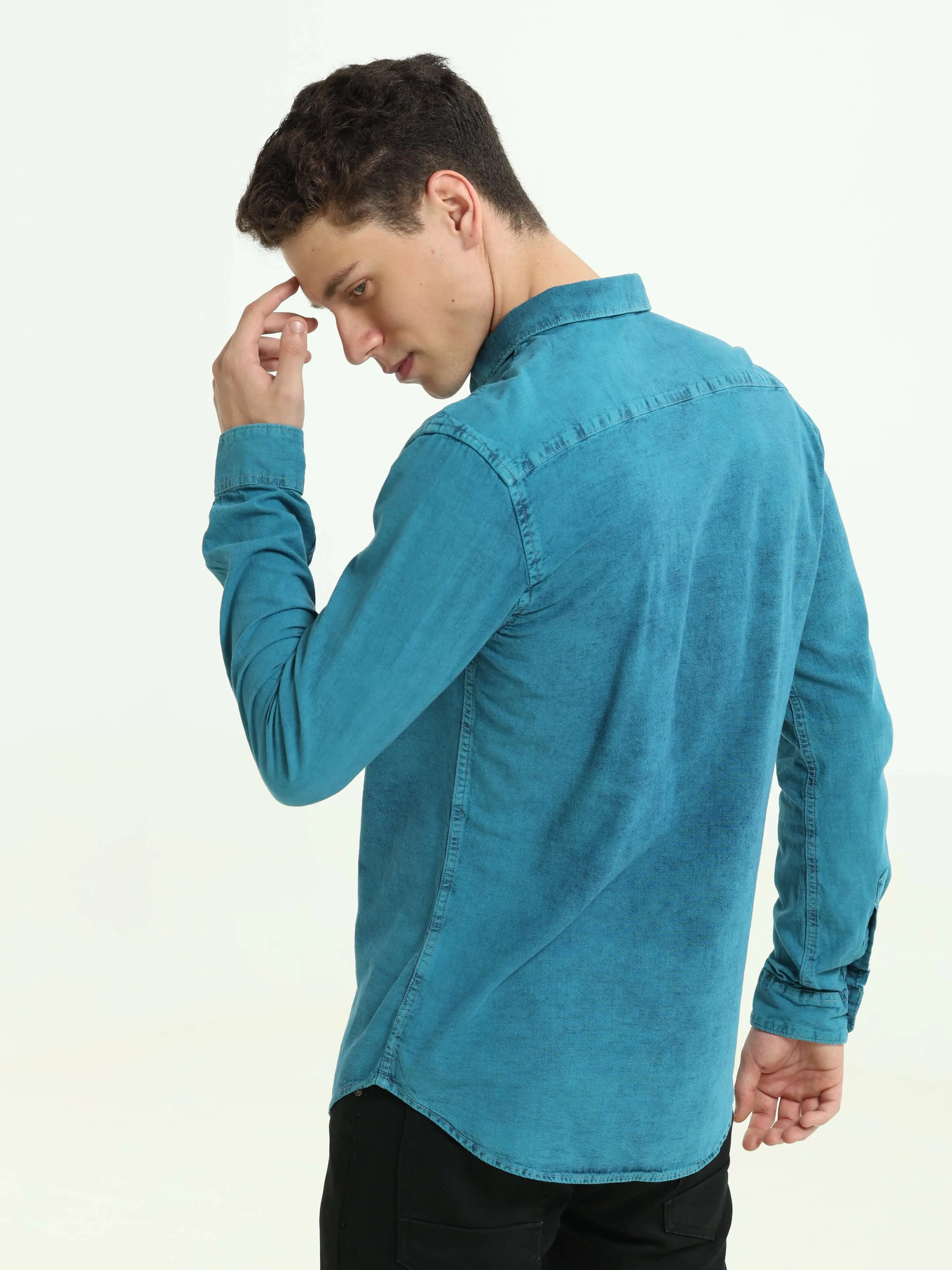 Denim Indigo-Teal over-dyed casual shirt