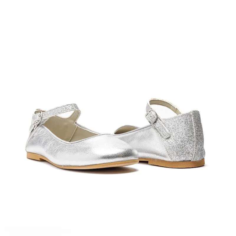 Glitter and Leather Ankle Mary Jane in Silver