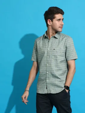 Green casual square check full sleeves shirt