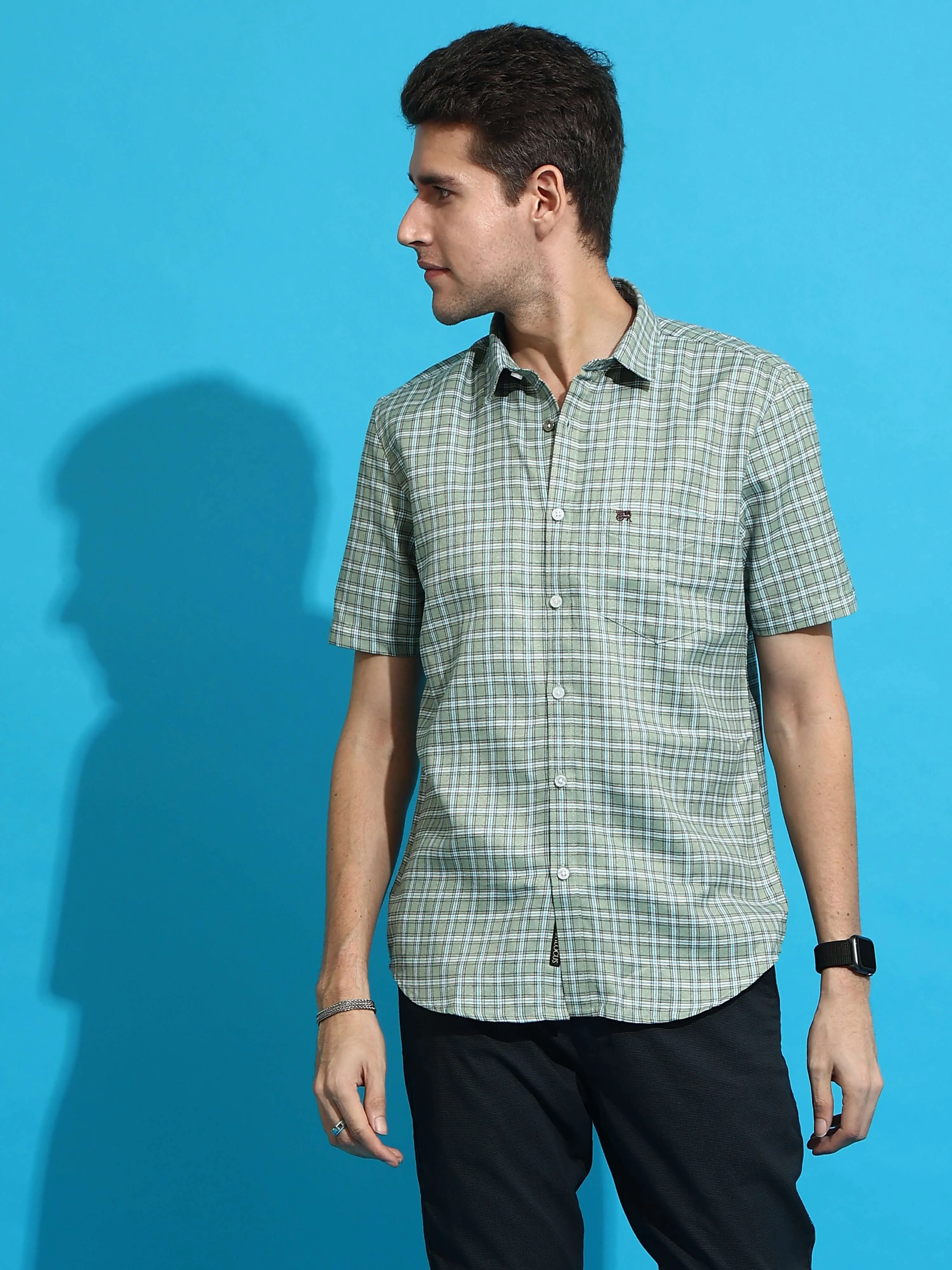 Green casual square check full sleeves shirt