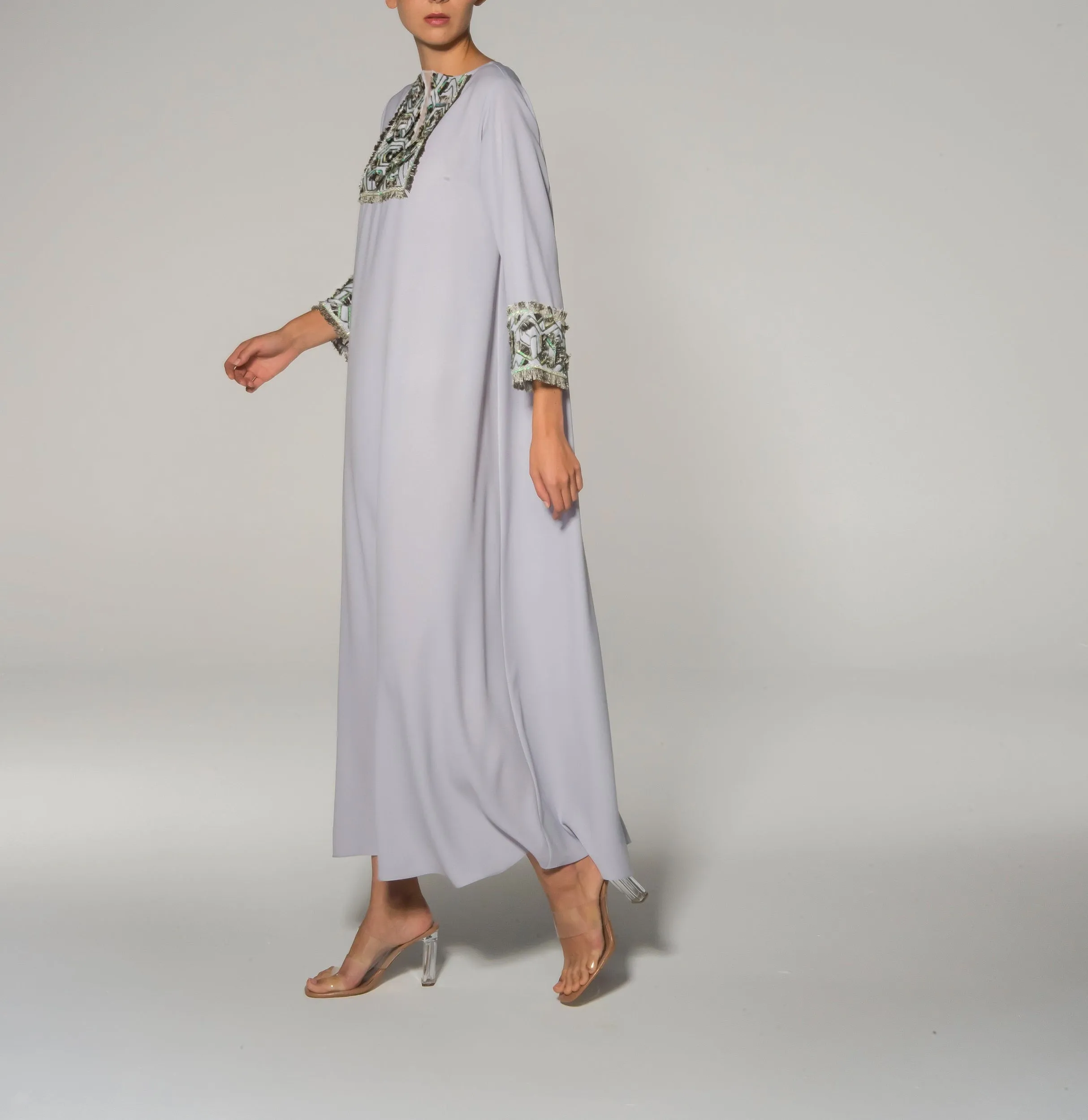 Grey Green Embroidery Embellishment Kaftan