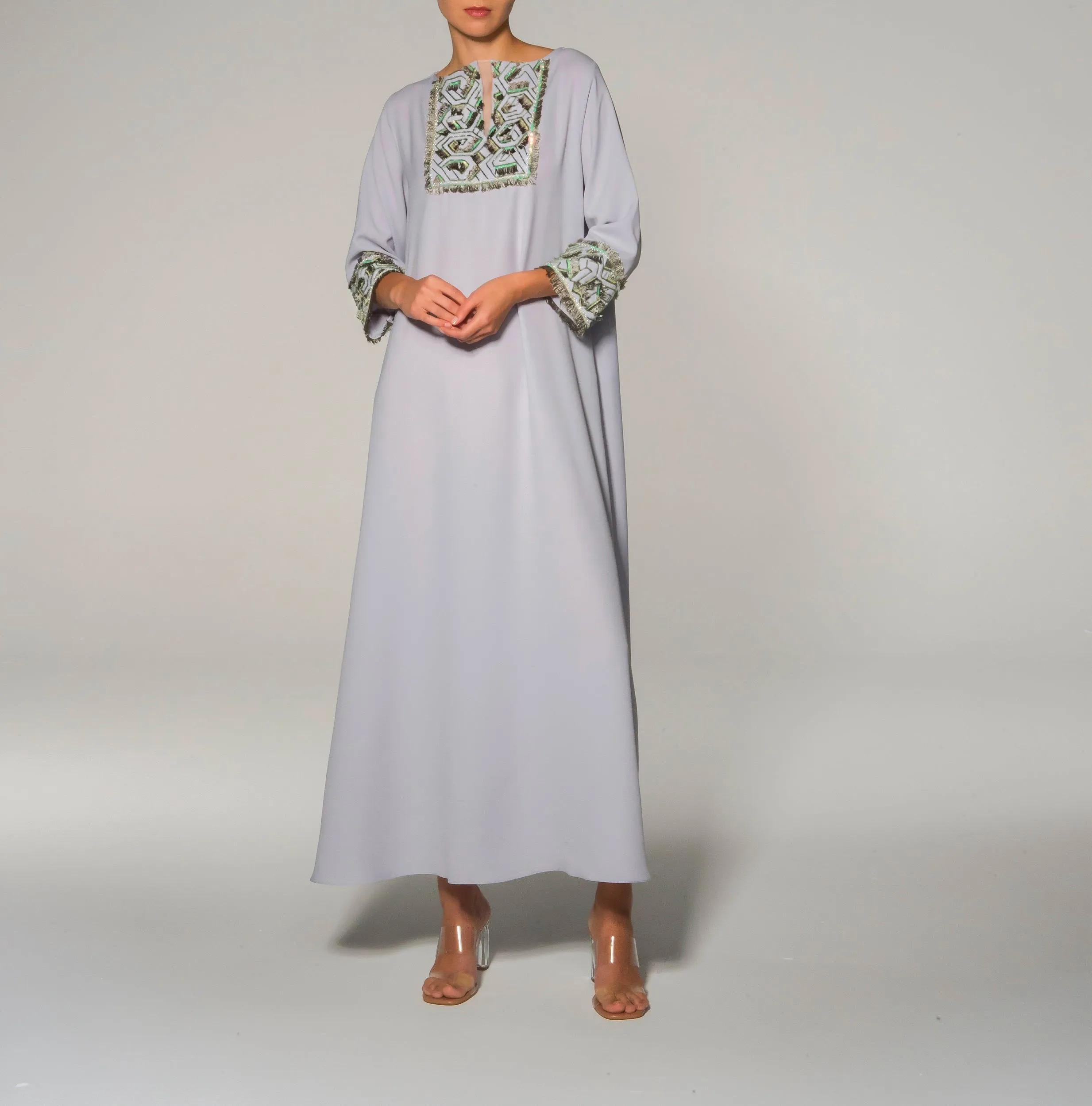 Grey Green Embroidery Embellishment Kaftan