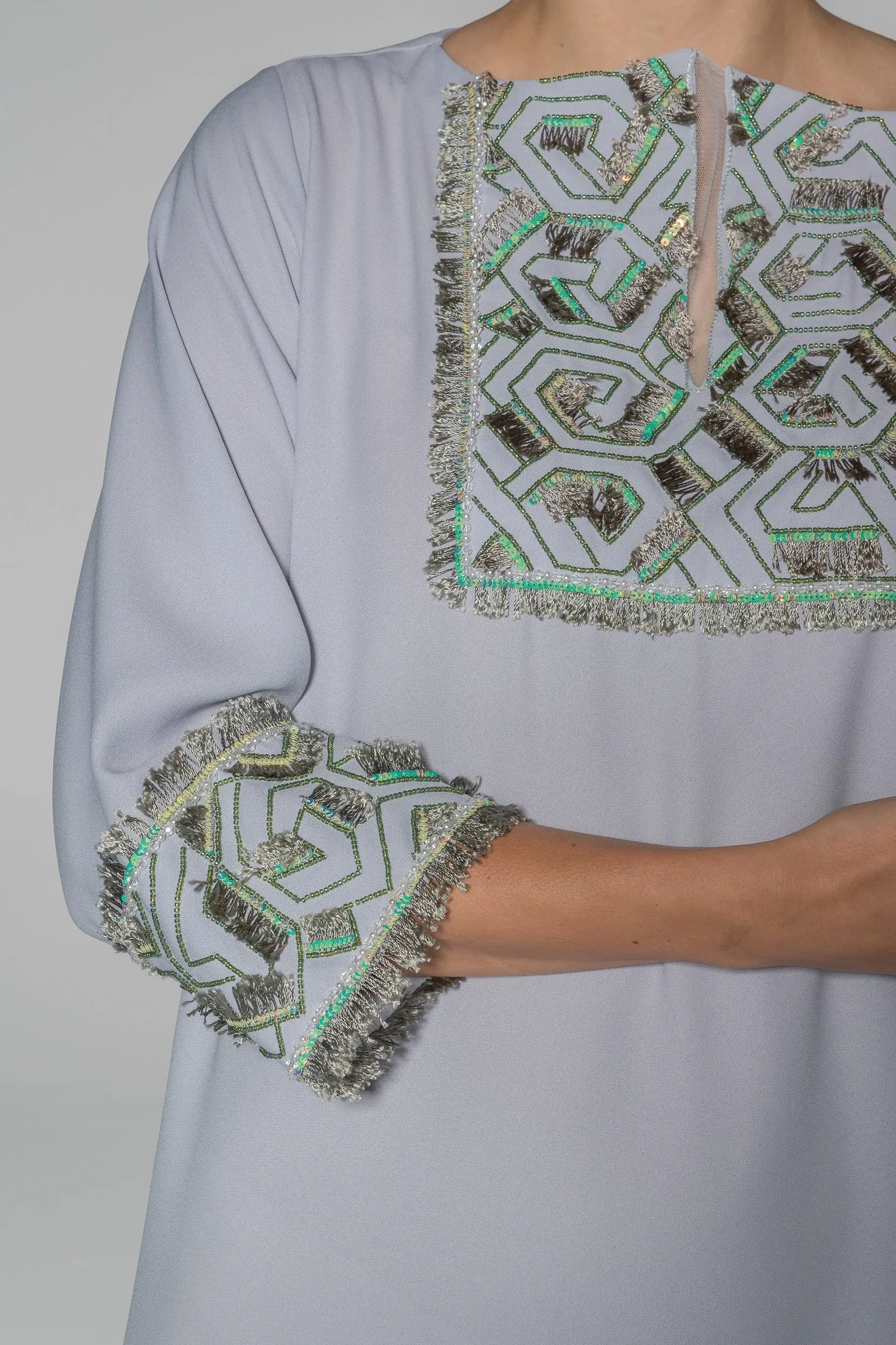 Grey Green Embroidery Embellishment Kaftan