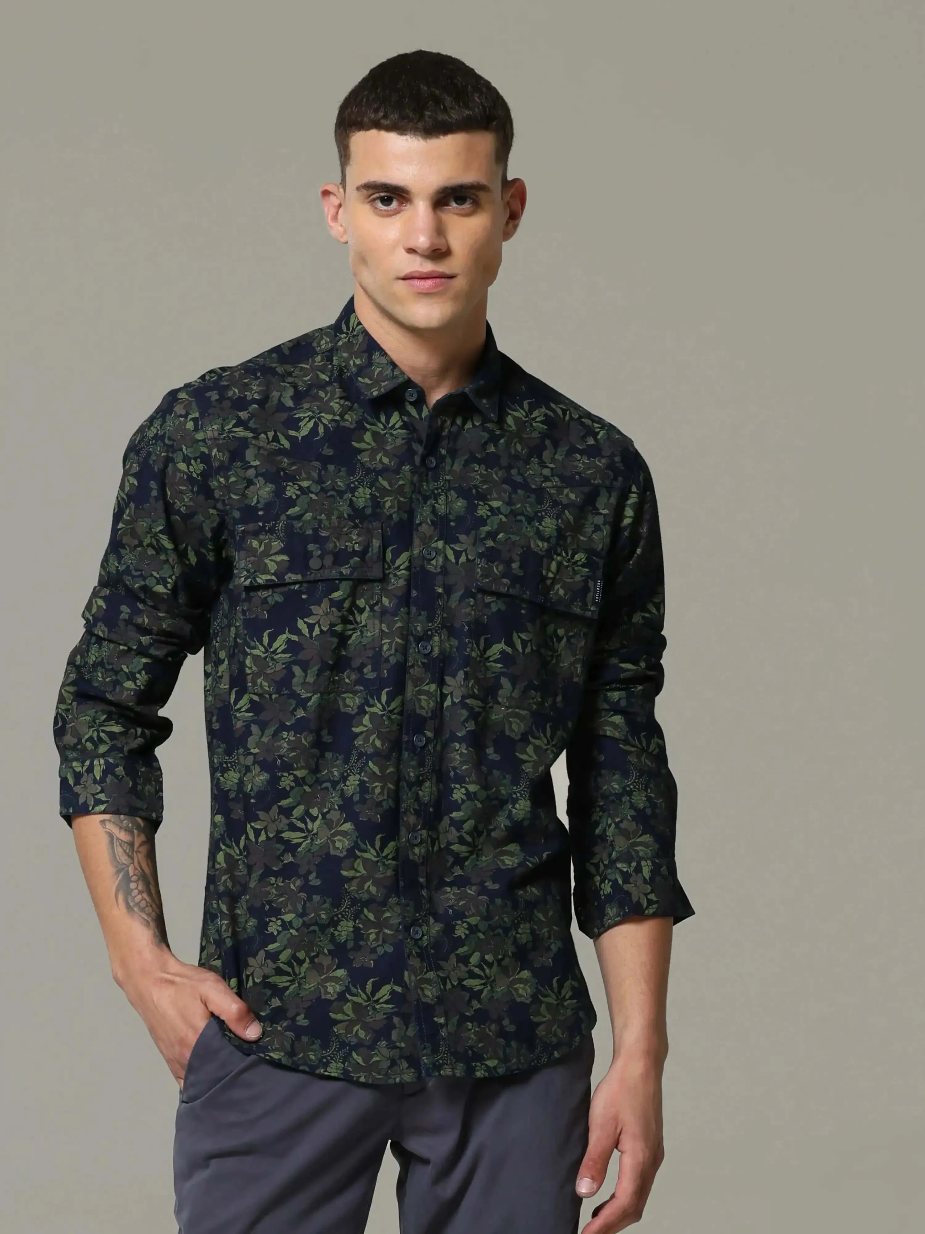 Indigo navy floral printed full sleeve casual shirt