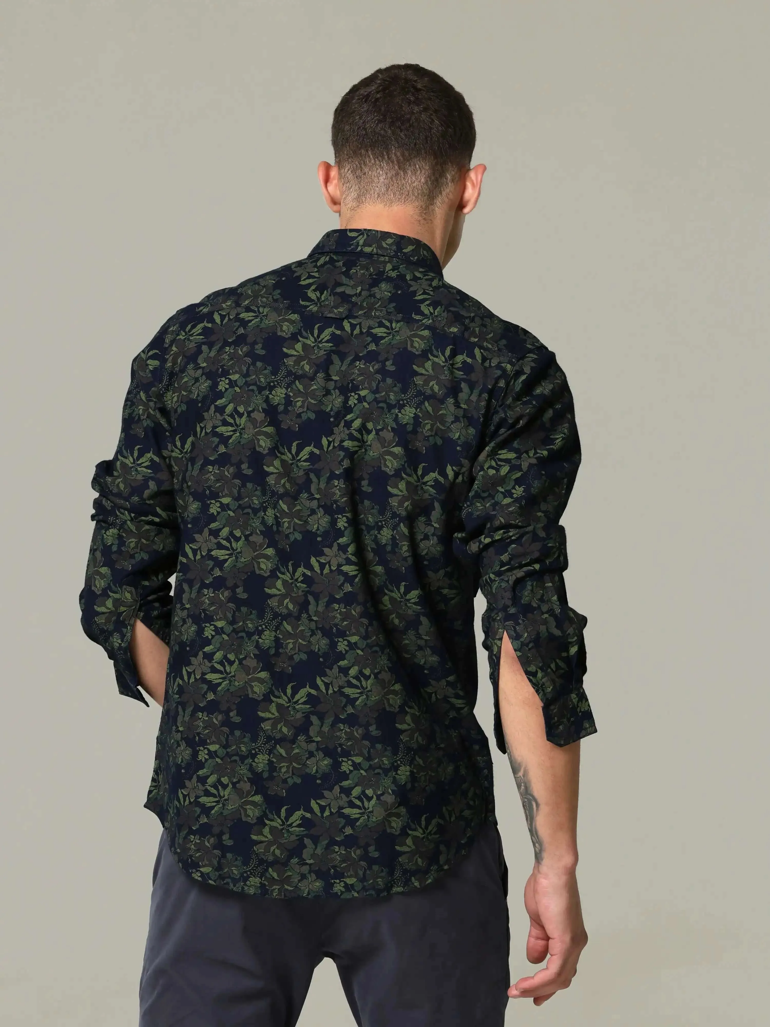 Indigo navy floral printed full sleeve casual shirt