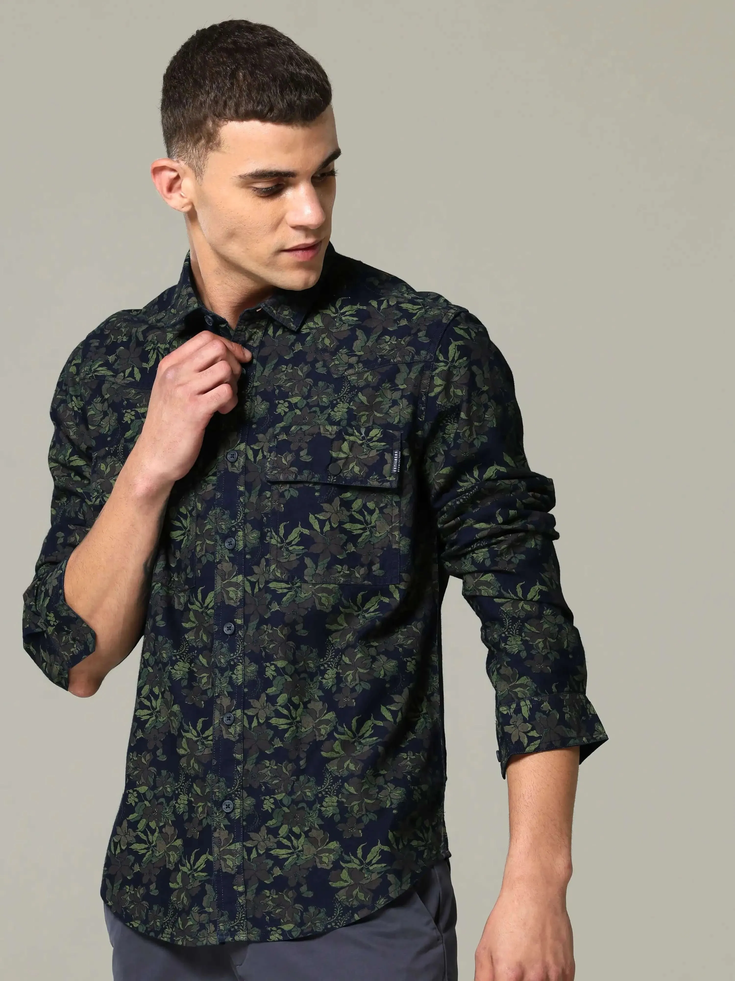 Indigo navy floral printed full sleeve casual shirt