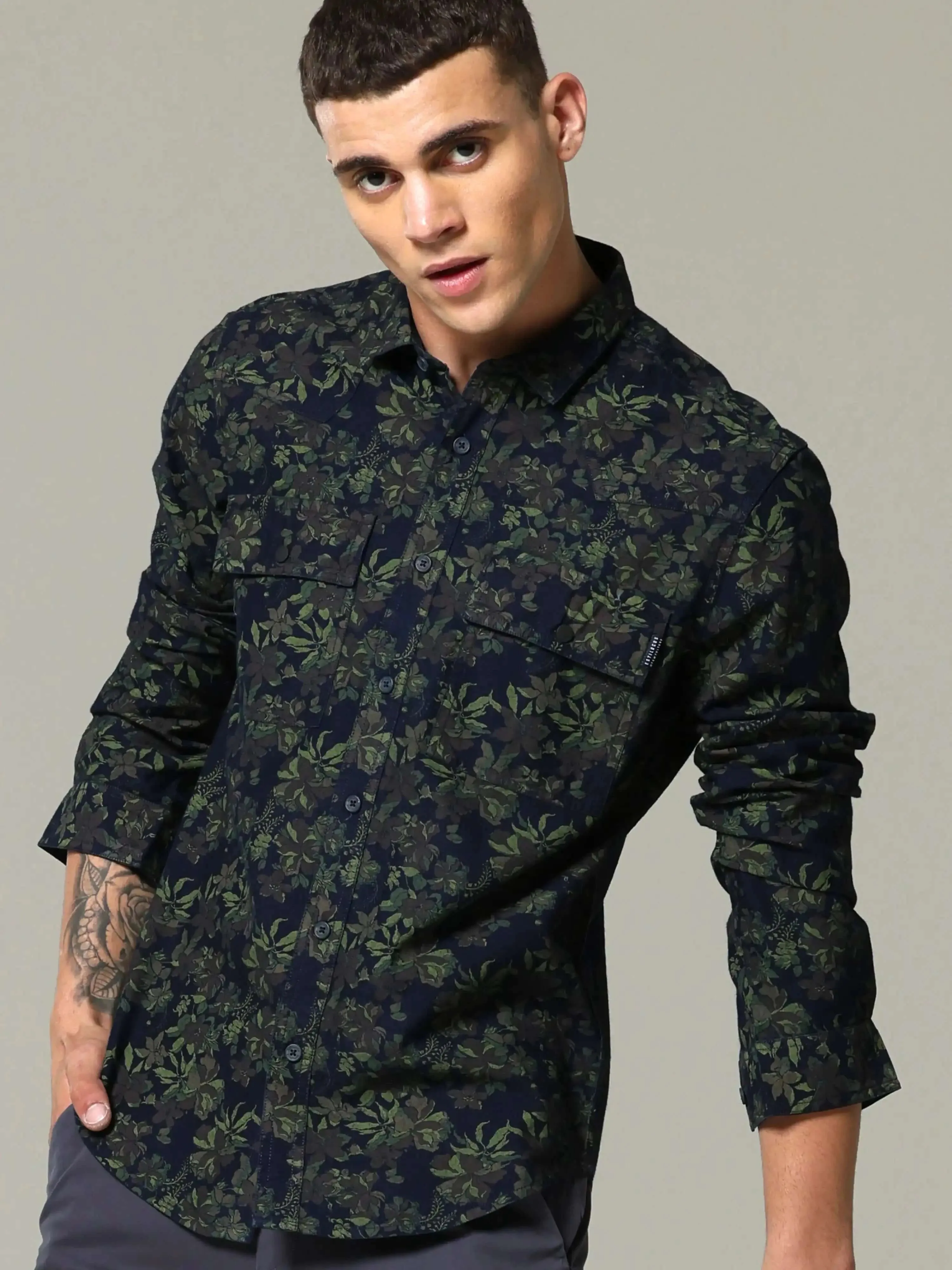 Indigo navy floral printed full sleeve casual shirt