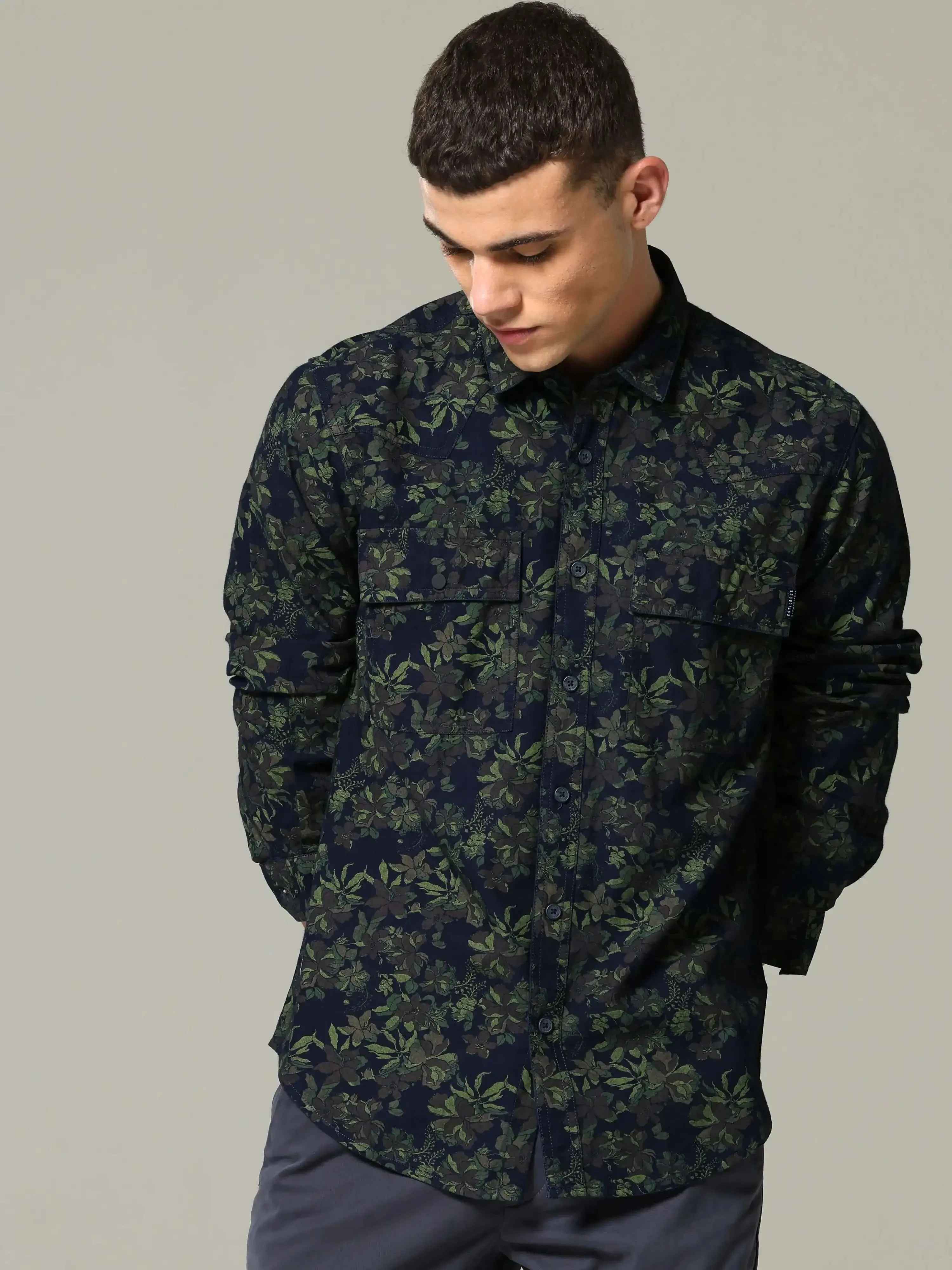 Indigo navy floral printed full sleeve casual shirt