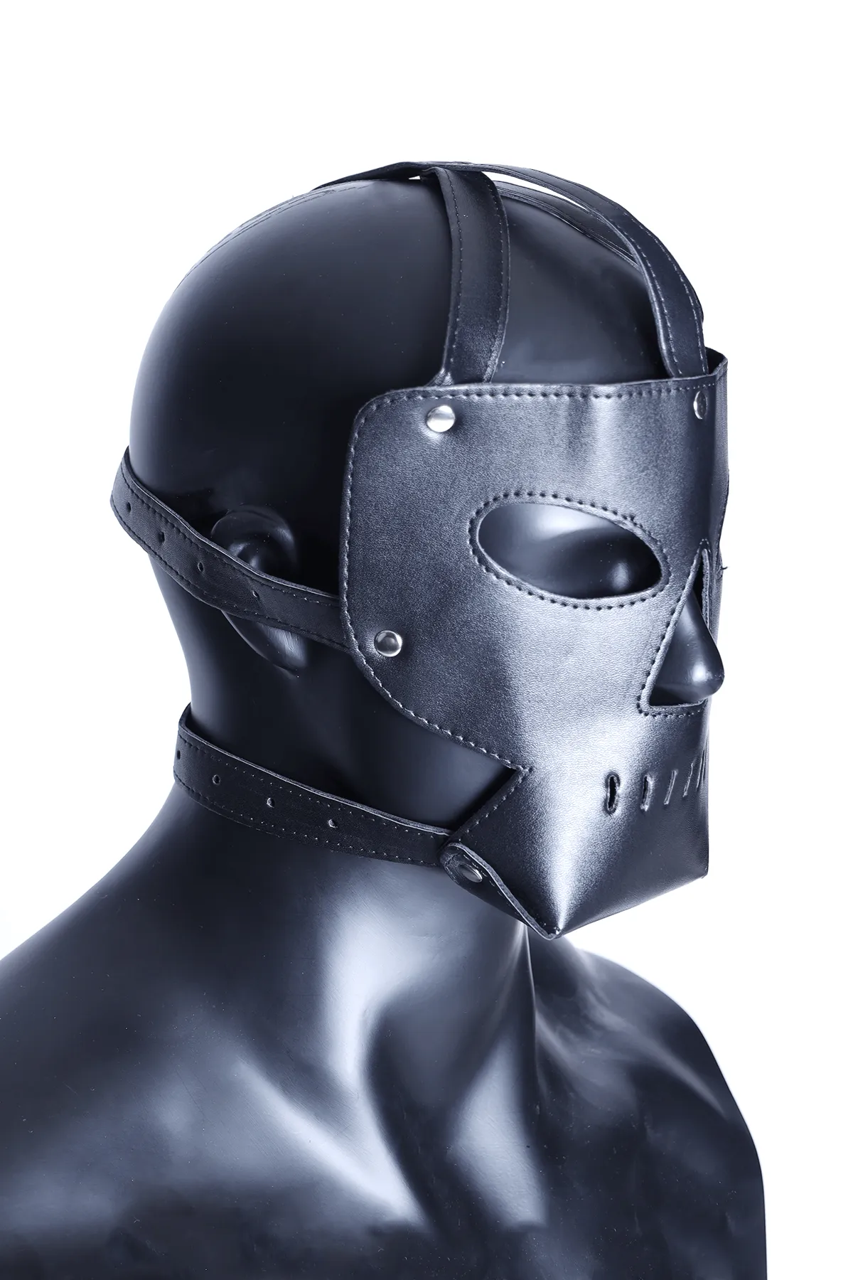 Kinky Leather Face Mask with Eye and Nose Cutouts and Breathable Mouth Cage