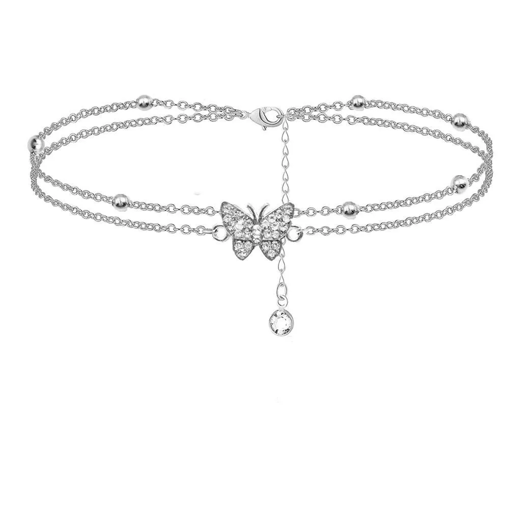 Multilayer Butterfly Ankle Bracelet (Silver)