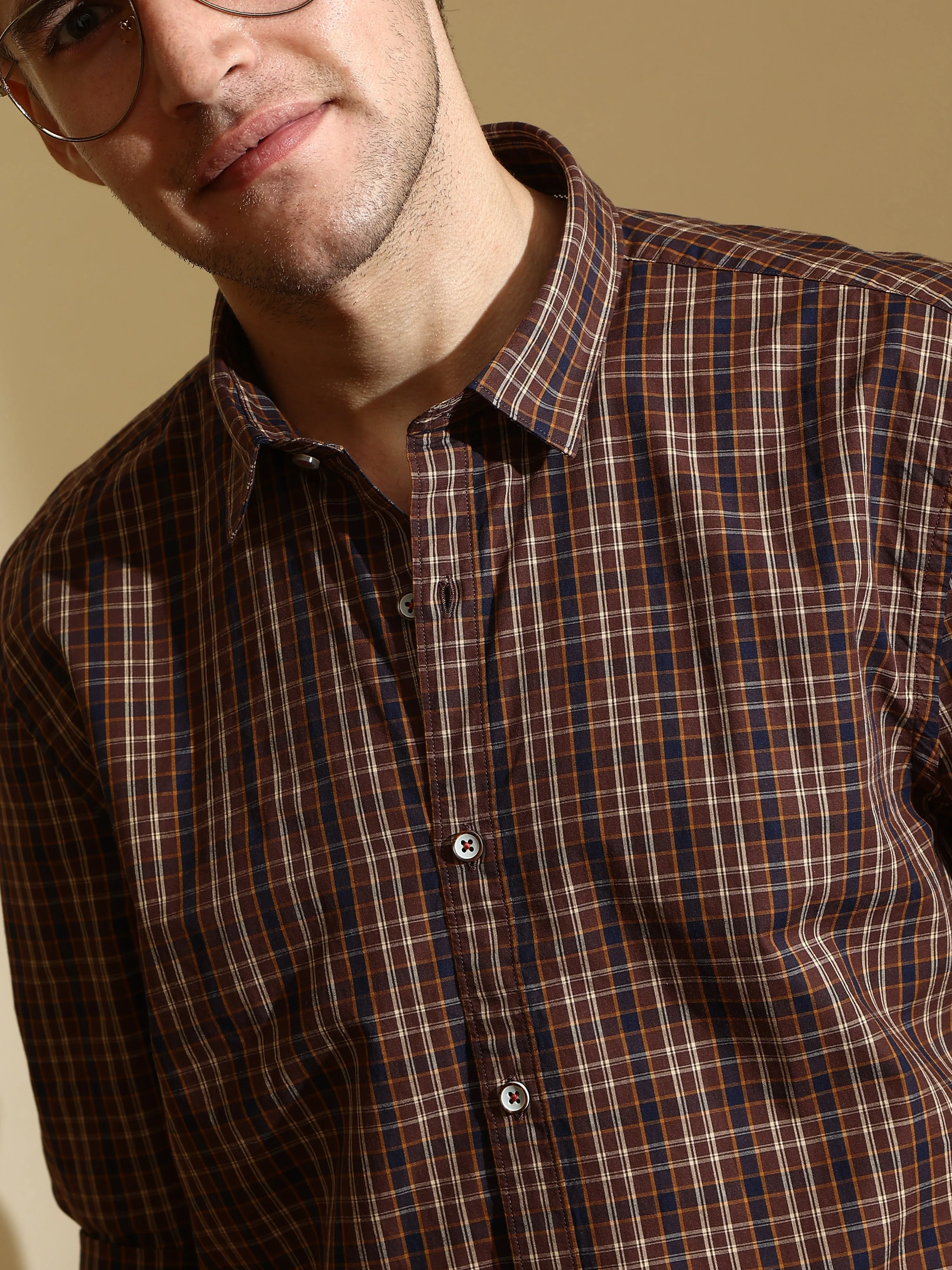 Navy Brown Check Semi Casual Shirt