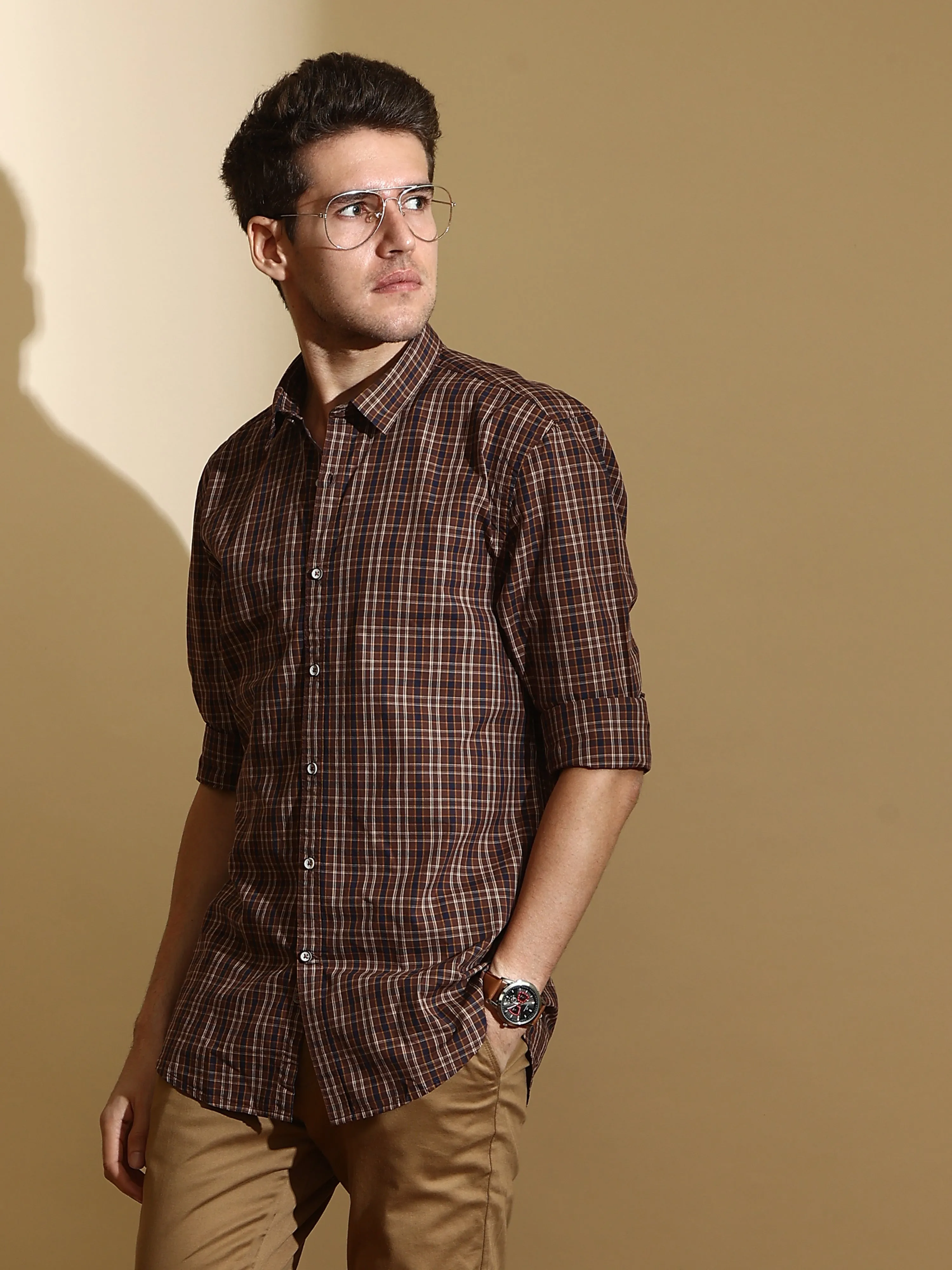 Navy Brown Check Semi Casual Shirt