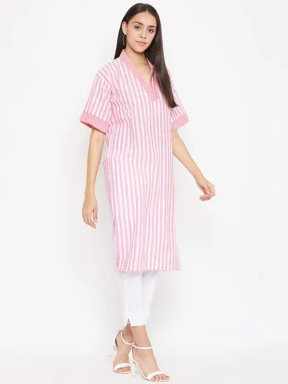 Pink Cotton Striped Kurta For Women