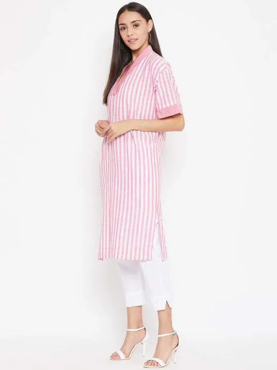 Pink Cotton Striped Kurta For Women