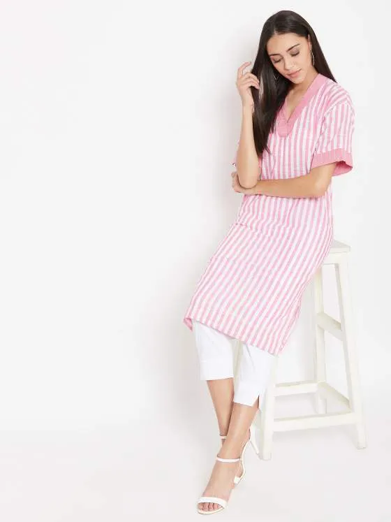 Pink Cotton Striped Kurta For Women