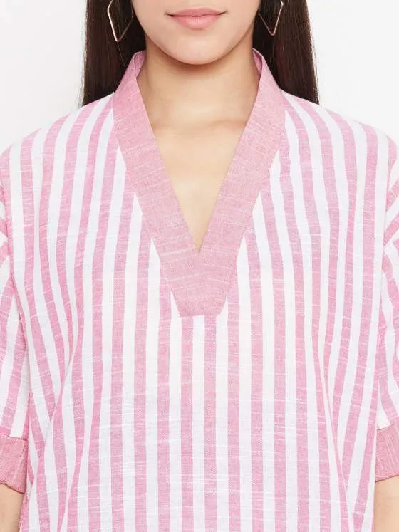 Pink Cotton Striped Kurta For Women