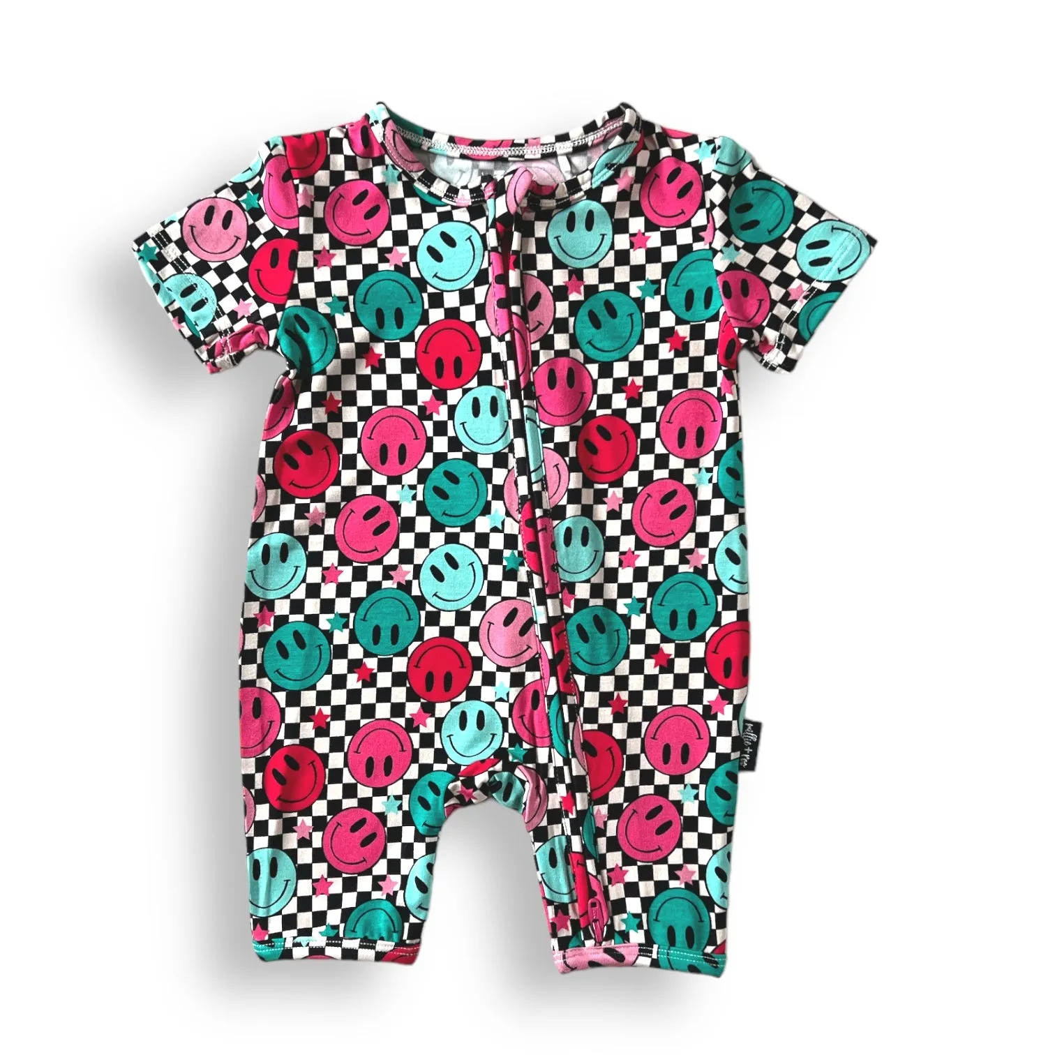 SHORTIE ZIP ROMPER - Pink Check Smile