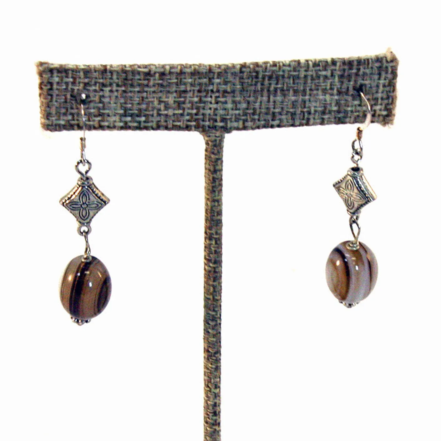 Silver Agate Brown Gemstone Dangle Earrings Casual