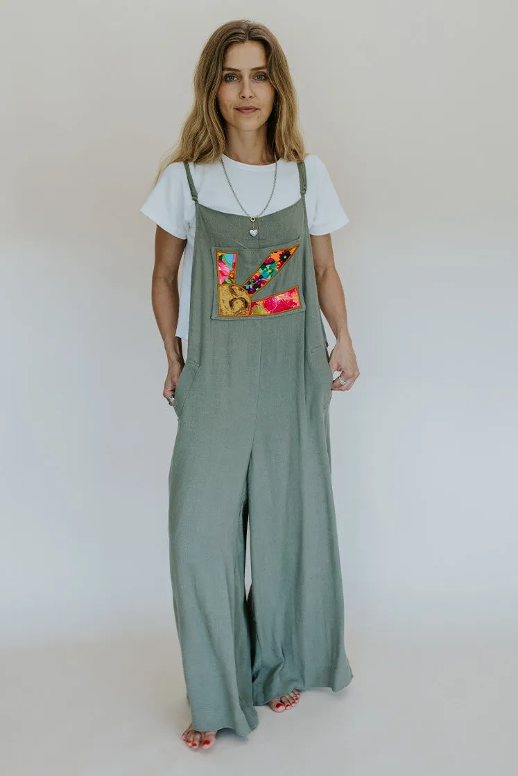 Sunbeam Appliqué Overalls - Sage