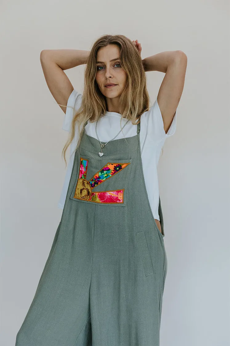 Sunbeam Appliqué Overalls - Sage