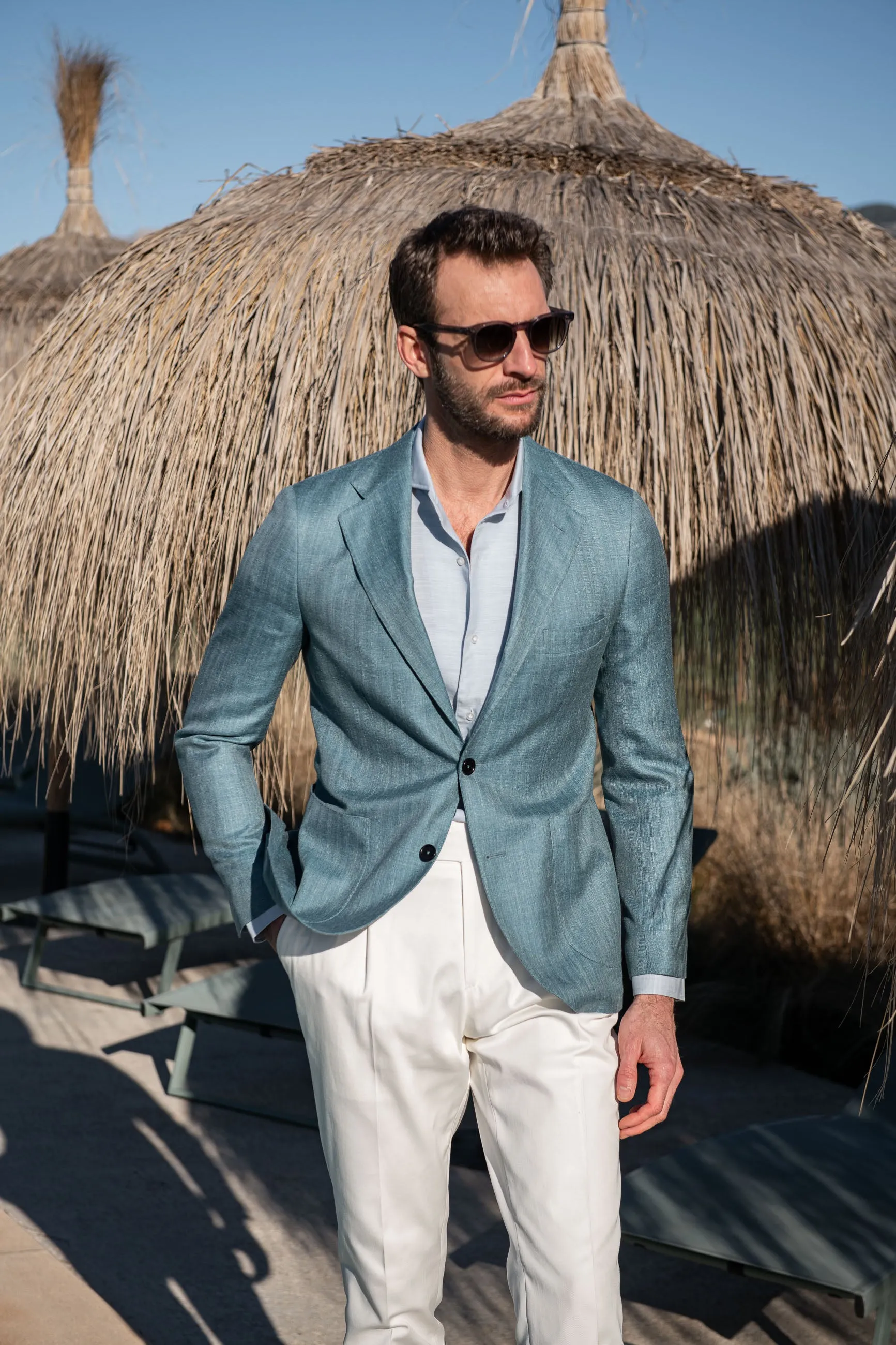 Water green herringbone jacket in Loro Piana wool silk and linen - Made in Italy