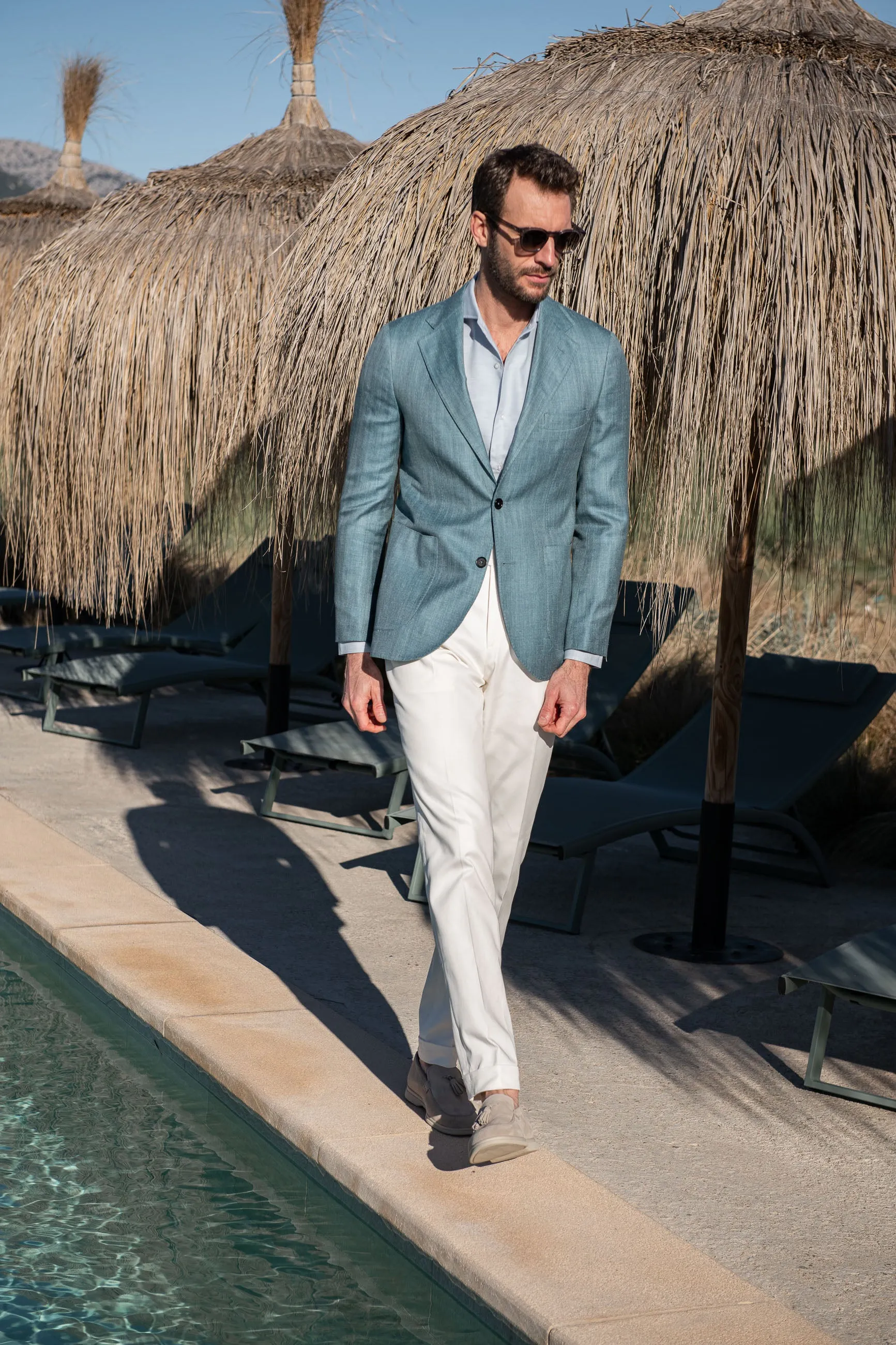 Water green herringbone jacket in Loro Piana wool silk and linen - Made in Italy