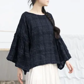 Women Casual Loose Cotton Linen Checked Blouse