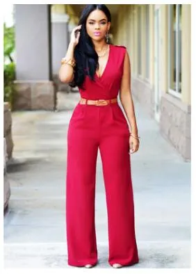 Women sashes high waist v-neck loose wide leg pants summer jumpsuit Casual Rompers overalls for female women jumpsuits women