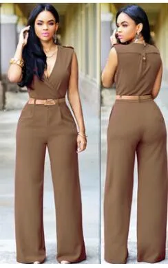 Women sashes high waist v-neck loose wide leg pants summer jumpsuit Casual Rompers overalls for female women jumpsuits women