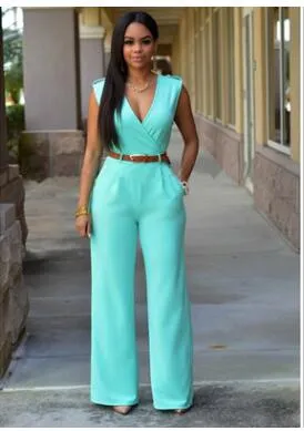 Women sashes high waist v-neck loose wide leg pants summer jumpsuit Casual Rompers overalls for female women jumpsuits women