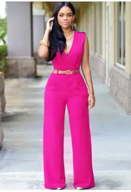 Women sashes high waist v-neck loose wide leg pants summer jumpsuit Casual Rompers overalls for female women jumpsuits women