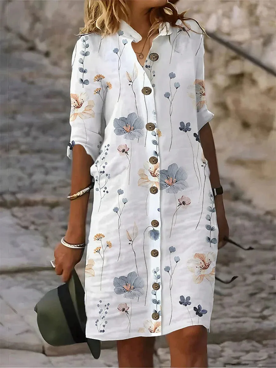 Women's Breathable Midi Shirt Dress with Button Print